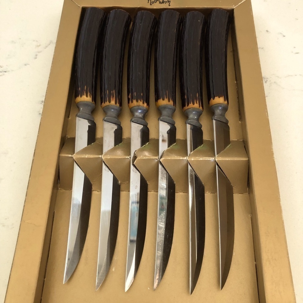 Robinson Steak Knife Set (6) in Original Box VTG-Hollow Antler Style Handles